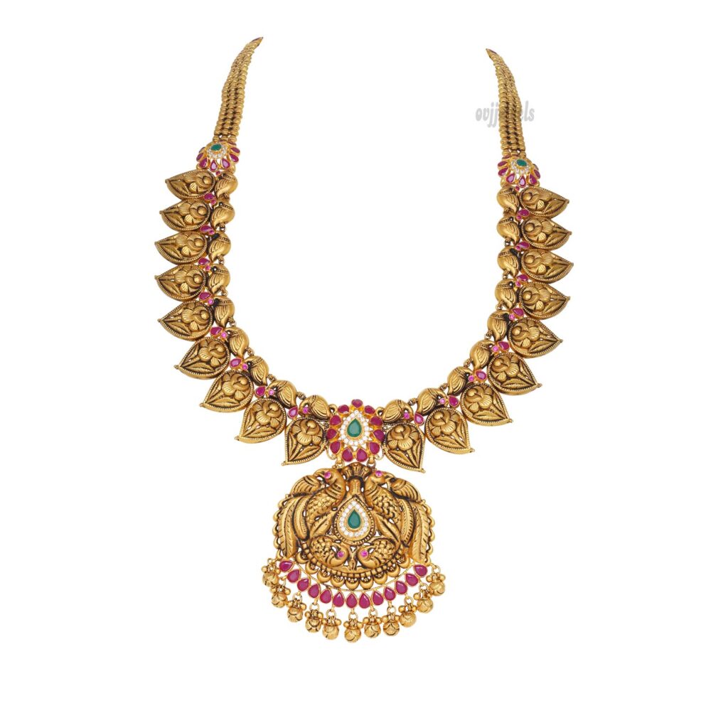 Gold antique annapakshi ruby and  emarald long necklace
